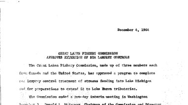 Great Lakes Fishery Commission Approves Extension of Sea Lamprey Controls--December 4, 1964