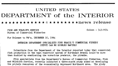 Interior Department Specialist Finds Brazil's Commercial Fishery Output Can Be Doulbed Rapidly-- December 10, 1964