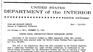 Fishing Vessel Construction Subsidy Regulations Adopted--December 10, 1964