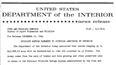 Wildlife Refuge Payments to Counties Announced by Interior--December 23, 1964