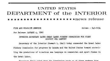 Interior Secretary Lauds Great Lakes Fishery Commission for Fight Against Sea Lamprey--January 4, 1965