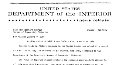 Fishery Products Imports and Exports Both Increase in 1963--January 8, 1965