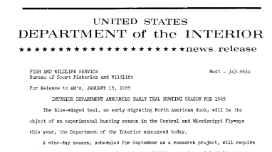 Interior Department Announces Early Teal Hunting Season for 1965--January 15, 1965