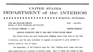 Interior Scientists Seek to Help Meet Future Fishing Demand--February 7, 1965