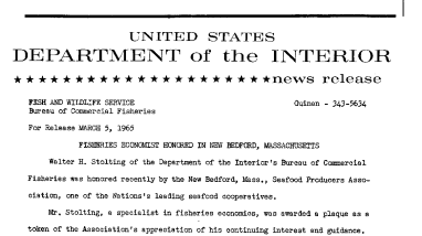 Fisheries Economist Honored in New Bedford, Massachusetts--March 5, 1965