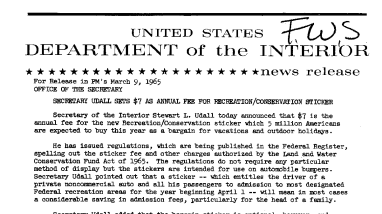 Secretary Udall Sets $7 as Annual Fee for Resreation/ Conservation Sticker--March 9, 1965