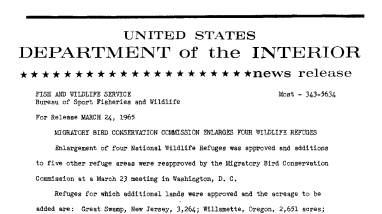 Migratory Bird Conservation Commission Enlarges Four Wildlife Refuges--March 24, 1965