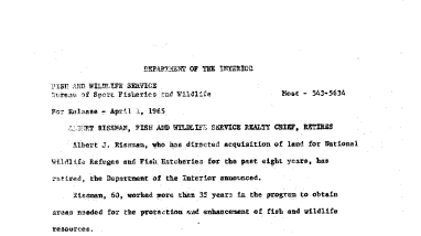Albert Rissman, Fish and Wildlife Service Realty Chief, Retires--April 1, 1965