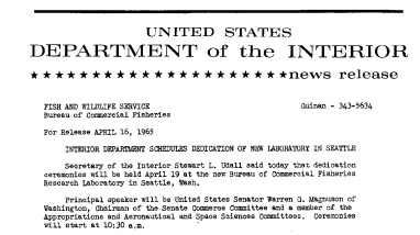 Interior Department Schedules Dedication of New Laboratory in Seattle--April 16, 1965