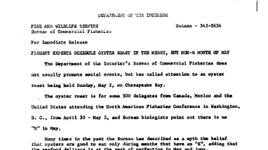 Fishery Experts Schedule Oyster Roast in the Merry, but Non-R Month of May--April 27, 1965