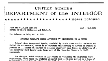Interir Wildlife Agents Apprehend 77 Individuals in 11 States--May 3, 1965