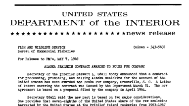 Alaska Sealskin Contract Awarded to Fouke Fur Company-- May 7, 1965