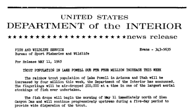 Trout Population in Lake Powell Due for Four Million Increase This Week--May 11, 1965