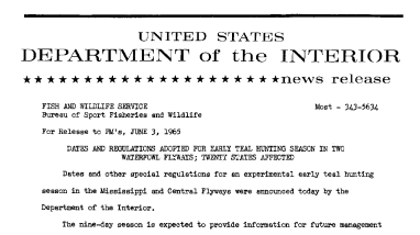 Dates and Regulations Adopted for Early Teal Hunting Season in Two Waterfowl Flyways; Twenty States Affected--June 3, 1965