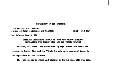 Interior Department Announces Dove and Pigeon Hunting Regulations for Puerto Rico and the Virgin Islands--June 8, 1965