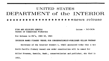 Iinterior Names Fishery Vessel for Conservationist-Publisher Miller Freeman--June 10, 1965
