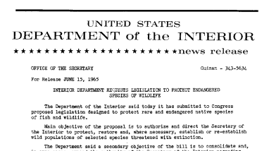 Interior Department Requests Legislation to Protect Endangered Species of Wildlife--June 15, 1965