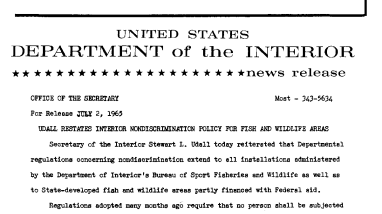 Udall Restates Interior Nondiscrimination Policy for Fish and Wildlife Areas--July 2,1965