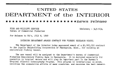Interior Department Awards Contract for Fishery Research Vessel--July 8, 1965