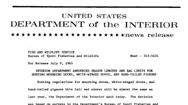 Interior Department Announces Season Lengths and Bag Limits for Hunting Mourning Doves, Wite-Winged Doves, and Band-Tailed Pigeons--July 9, 1965