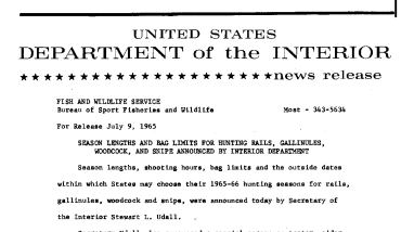 Season Lengths and Bag Limits for Hunting Rails, Gallinules, Woodcock, and Snipe Announced by Interior Department--July 9, 1965