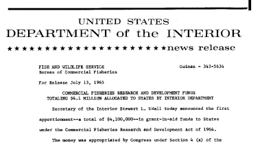 Commercial Fisheries Research and Development Funds Totaling 44.1 Million Allocated to States by Interior Department--July 13, 1965
