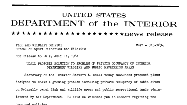 Udall Proposes Solution to Problem of Private Occupancy of Interior Department Wildlife and Public Recreation Areas--July 14, 1965