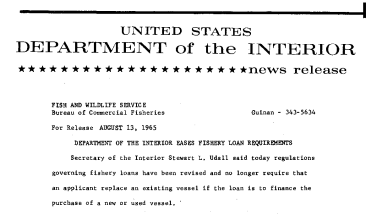 Department of the Interior Eases Fishery Loan Requirements--August 13, 1965