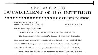 United States Fish -Catch up Slightly in First Half of 1965--August 18, 1965