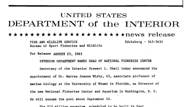 Interior Department Names Head of National Fisheries Center--August 23, 1965