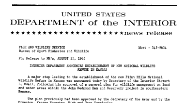 Interior Department Announces Establishment of New National Wildlife Refuge in Kansas--August 25, 1965