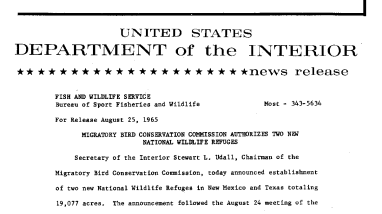 Migratory Bird Conservation Commission Authorizes Two New National Wildlife Refuges--August 25, 1965