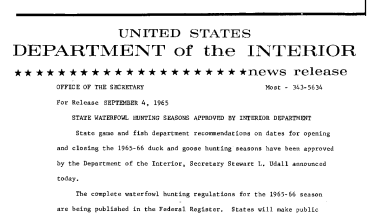 State Waterfowl Hunting Seasons Approved by Interior Department--September 4, 1965