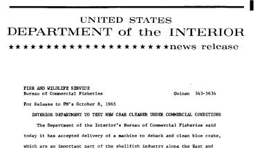 Interior Department to Test New Crab Cleaner Under Commercial Conditions--October 8, 1965--
