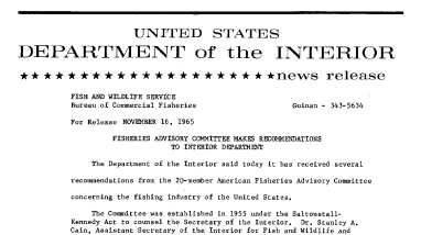 Fisheries Advisory Committee Makes Recommendations to Interior Department-- November 16, 1965 -,
