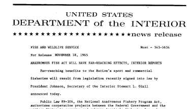 Anadromous Fish Act Will Have Far-Reaching Effects, Interior Reports--November 18, 1965