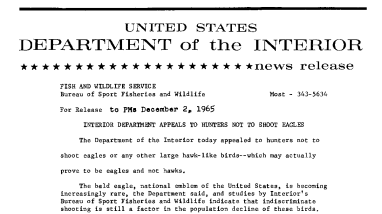Interior Department Appeals to Hunters Not to Shoot Eagles--December 2, 1965