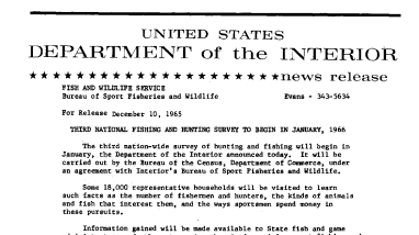 Third National Fishing and Hunting Survey to Begin in January, 1966--December 10, 1965