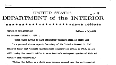Udall Warns Battle to Save Endangered Wildlife Still Is Being Lost--January 4, 1965