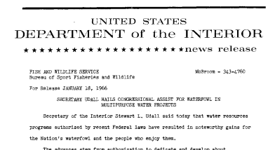 Secretaty Udall Hails Congressional Assist for Waterfowl in Multipurpose Water Projects--January 18, 1966