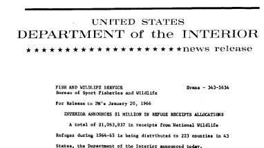 Interior Announces $1 Million in Refuge Receipts Allocations--January 20, ,1966