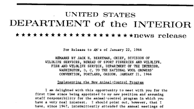 Remarks by Jack H. Berryman, Chief , Division of Wildlife Services, Bureau of Sport Fisheries and Wildlife, Fish and Wildlife Service, Department of the Interior, Washington, D.C. to the National Wool Grower's Convention, Portlad, Oregon--January 22, 196