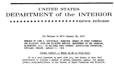 Remarks by John S. Gottschalk, Director Bureau of Sport Fisheries and Wildlife, Fish and Wildlife Service, Department of the Interior, Washington, D.C. to National Wool Grower's Association Convention, Portland, Oregon--January 22, 1966
