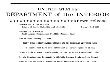 Study Shows Costly Cattle Disease Not in Southeast Whitetail Deer--January 23, 1966