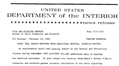 Early Teal Season Provided Much Additional Hunting, Interior Reports--February 10, 1966