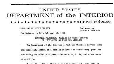 Interior Department Booklet Discusses Effects of Pesticides on Fish and Wildlife--February 10, 1966