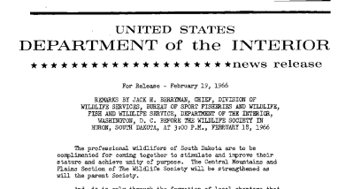 Remarks by Jack H. Berryman, Chief, Divisi0n of Wildlife Service, Department of the Interior, Washington, D.C. Before the Wildlife Society in Huron, South Dakota--February 18, 1966