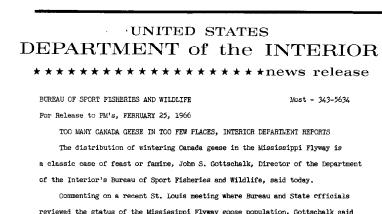 Too Many Canadian Geese in Too Few Places, Interior Department Reports--February 25, 1966