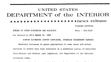 Winter Waterfowl Survey Completed, Interior Dept. Reports--March 18, 1966
