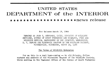 Remarks by Jack H. Berryman, Chief, Bureau of Sport Fisheries and Wildlife, Before the Minnesota Chapter of the Wildlife Society, Minn. Minn.--March 19, 1966